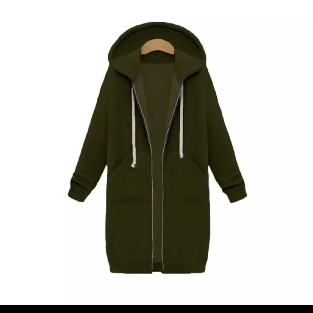 1 Left!  Olive Green Long Maxi Hoodie ZIP Sweater - Picture 4 of 8